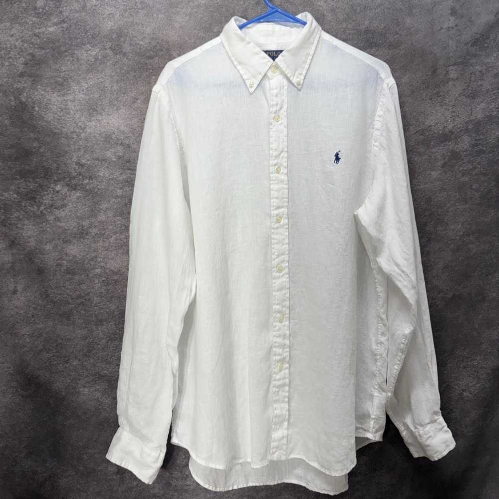 Polo Ralph Lauren White 100% Linen Long Sleeve Button Down Shirt Men's Preppy